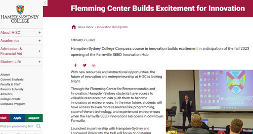 A screen grab from a news clip about SEED Innovation Hub from Hampden-Sydney College.